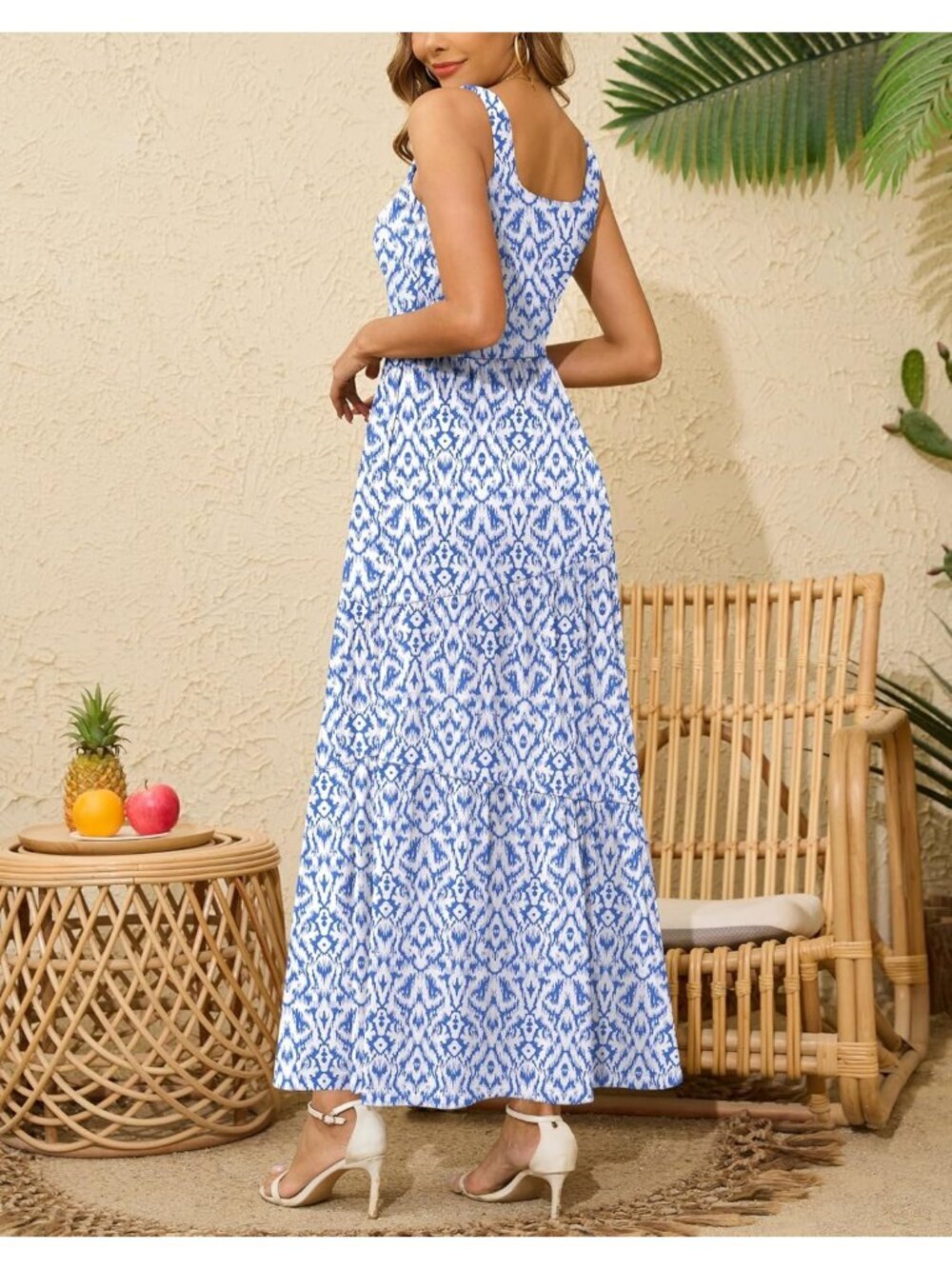 Women's Floral Blue White Long Beach Sundress Square Neck Tank Tiered Maxi Dress - Picture 3 of 6
